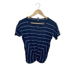 Alya Navy White Striped Short Sleeve Tied Front Top Nautical XXS